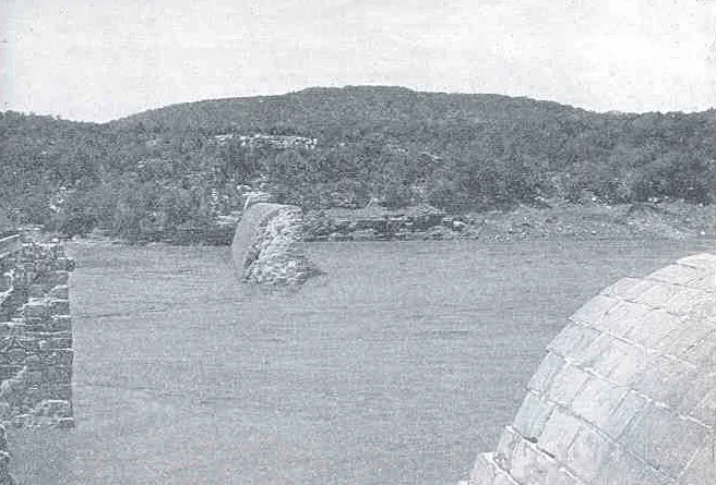 Broken masonry of the Austin Dam after the April 7, 1900 flood, with a section pushed downstream